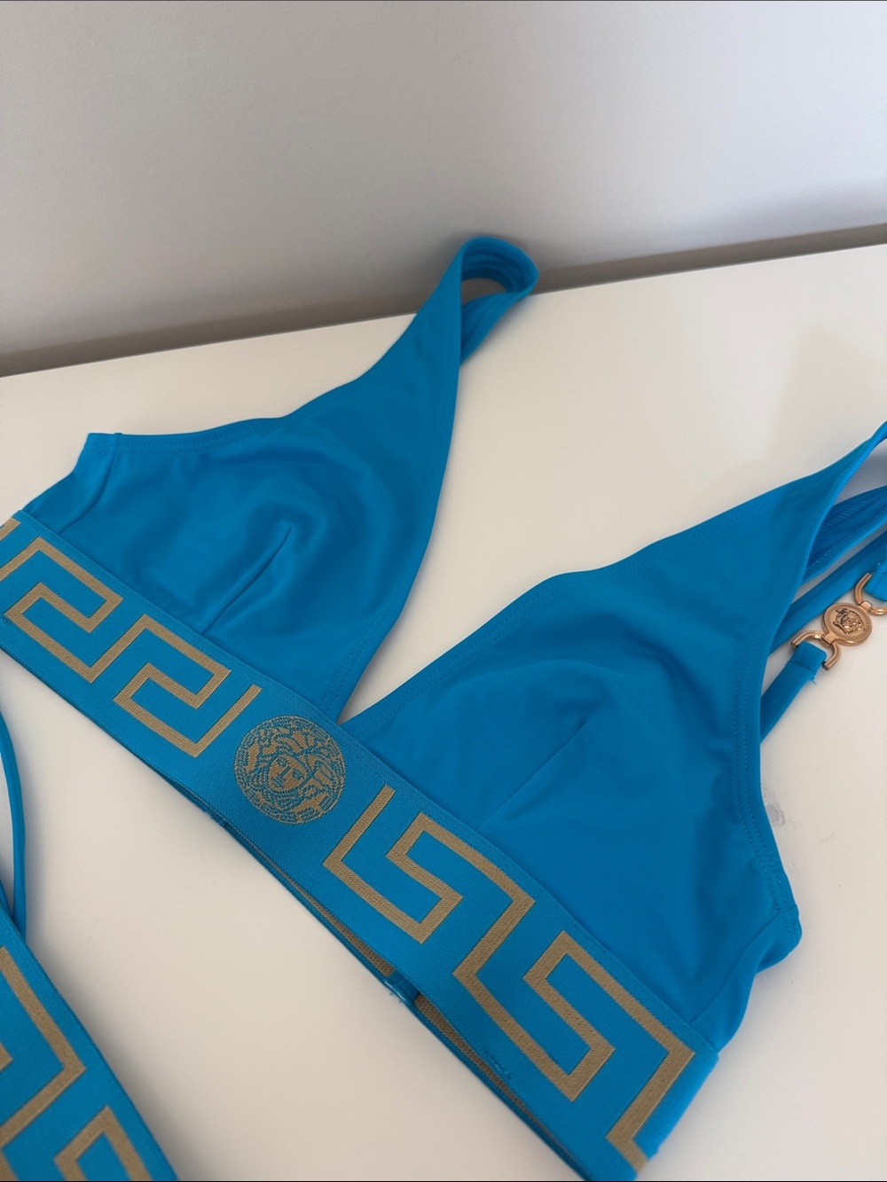 Versace Size 2 Turquoise High Rise Blue Gold-Trim Bikini Set - Picture 6 of 13